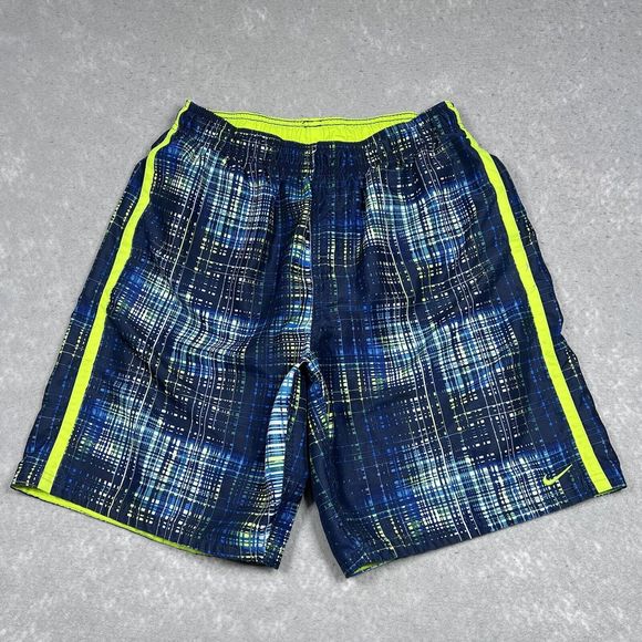Nike Swim Trunks Mens Size Medium Blue Plaid Elastic Waist Stretch Swim Shorts - Picture 1 of 13